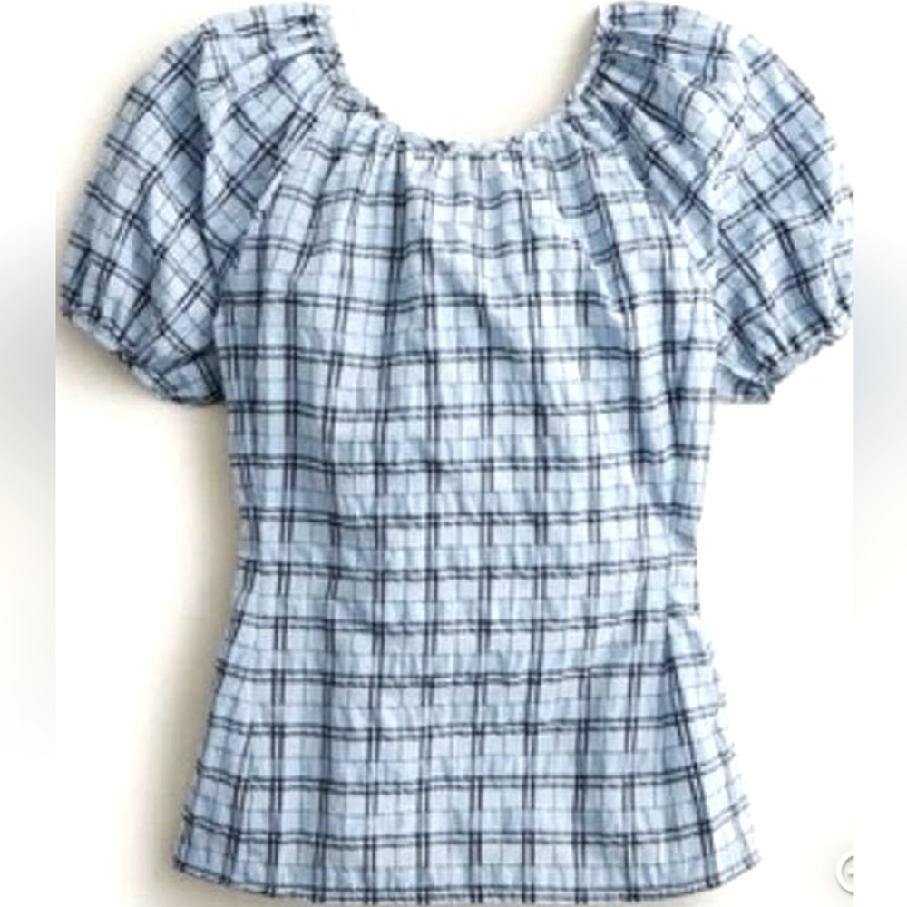 J. Crew V-Back Puff-Sleeve Top in Blue Textured Plaid - NWT